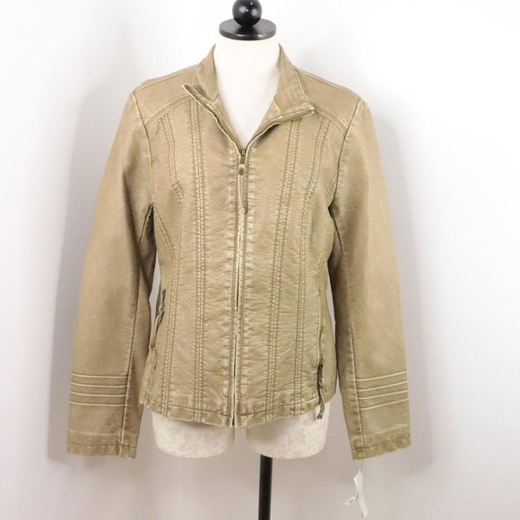New Big Chill Vintage Women's Large Tan Gold Zip-Up Vegan Leather Biker Jacket - Picture 1 of 9